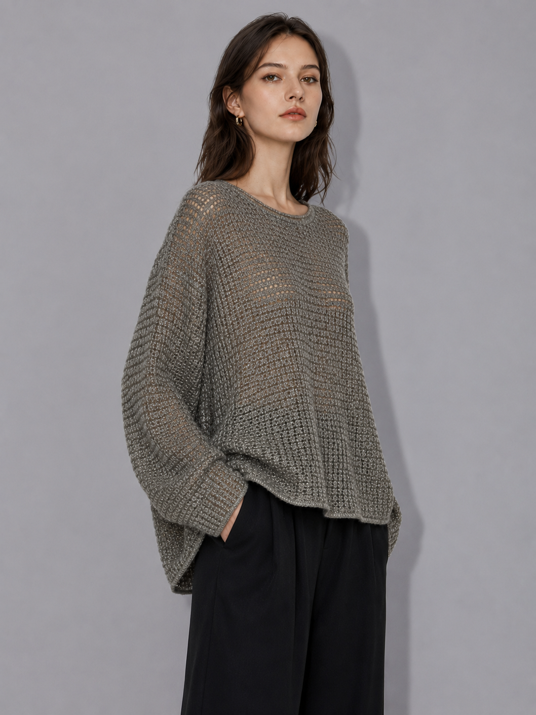 Luxury Wool Open Knit Sweater – Lightweight Grey Mesh Pullover with Relaxed Fit	