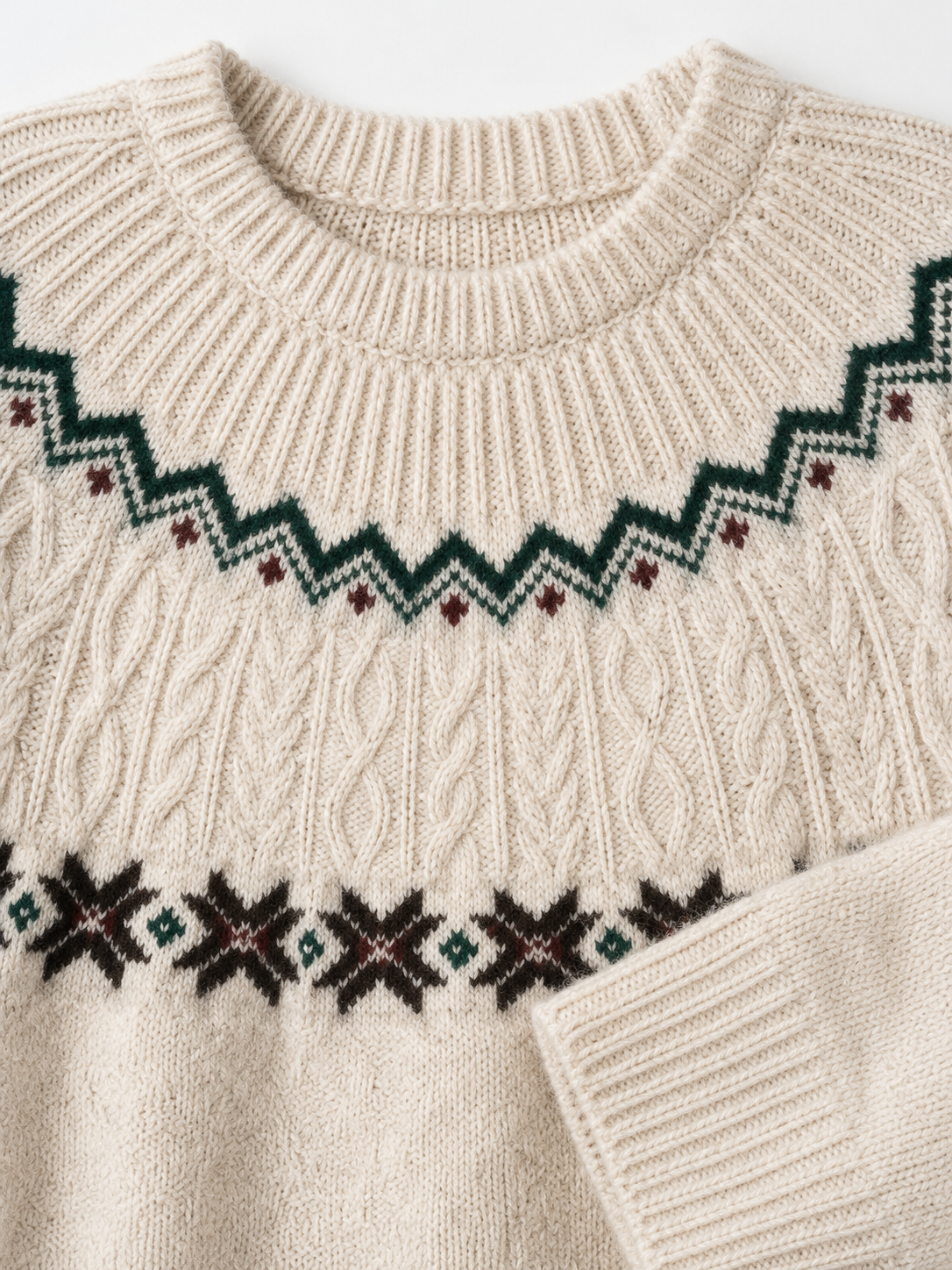 Women Fair Isle Sweater Beige Diamond Jacquard Cable Knit Yoke Pullover Ladies Crew Neck Oatmeal Jumper Winter Knitwear