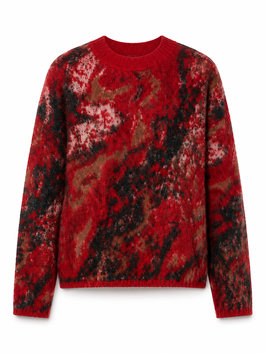 Women's plush floral print knitted sweater, round neck, large size, wide hemline, casual style, ribbed cuffs, anti-snag fabric