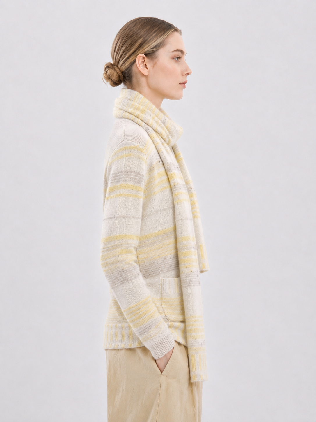 Women Knit Cardigan Set Striped Fuzzy Mohair Sweater Jacket with Matching Scarf Yellow Soft Knitwear for Autumn