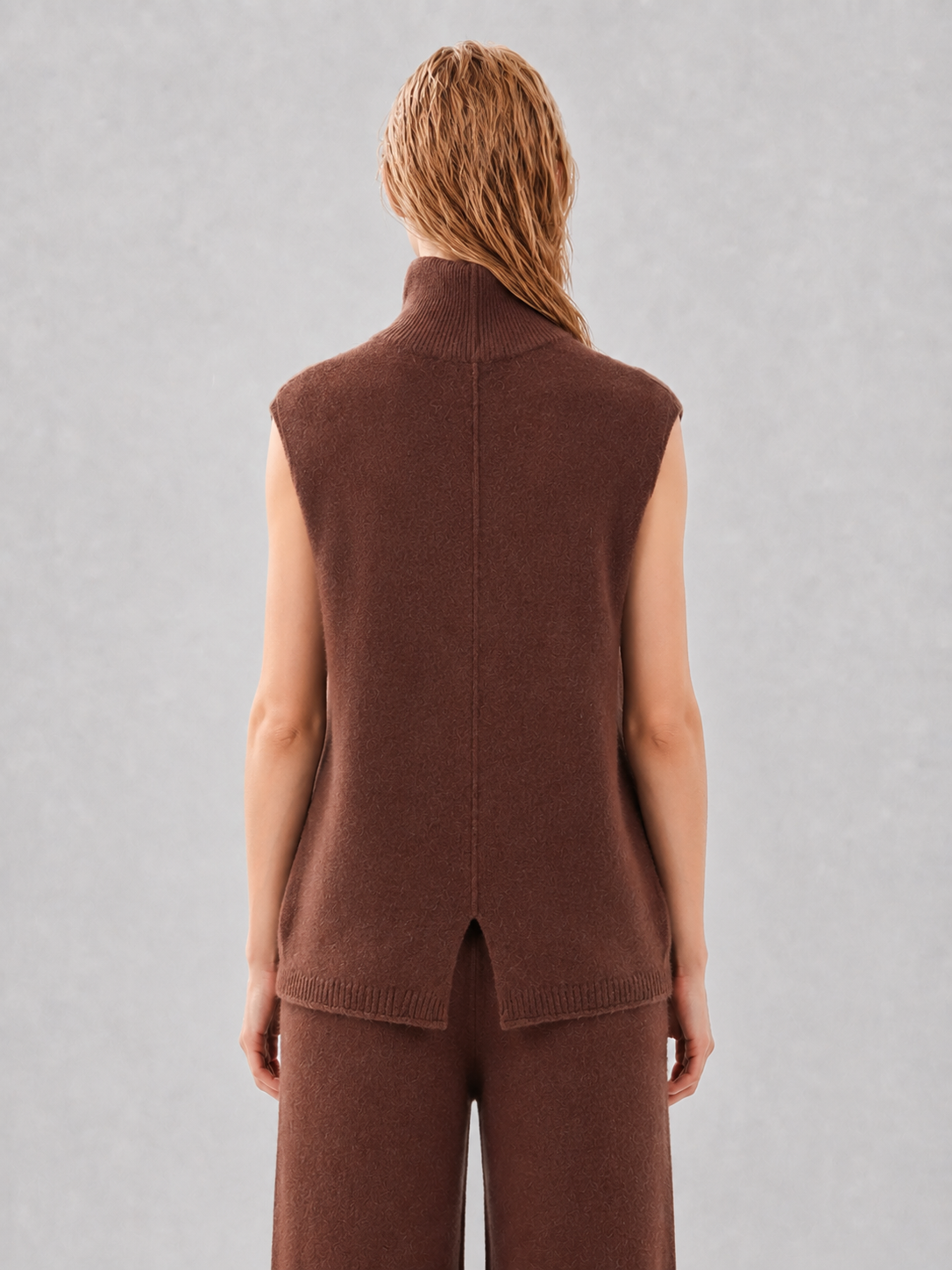 Women Knit Two Piece Set Half Zip Mock Neck Sleeveless Vest and Drawstring Wide Leg Pants Brown Lounge Outfit
