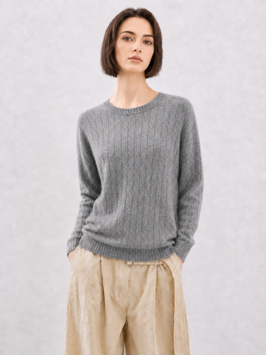 Womens Cable Knit Sweater Crew Neck Pullover Heather Grey Ribbed Trim Loose Ladies Jumper Autumn Winter Knitwear Top
