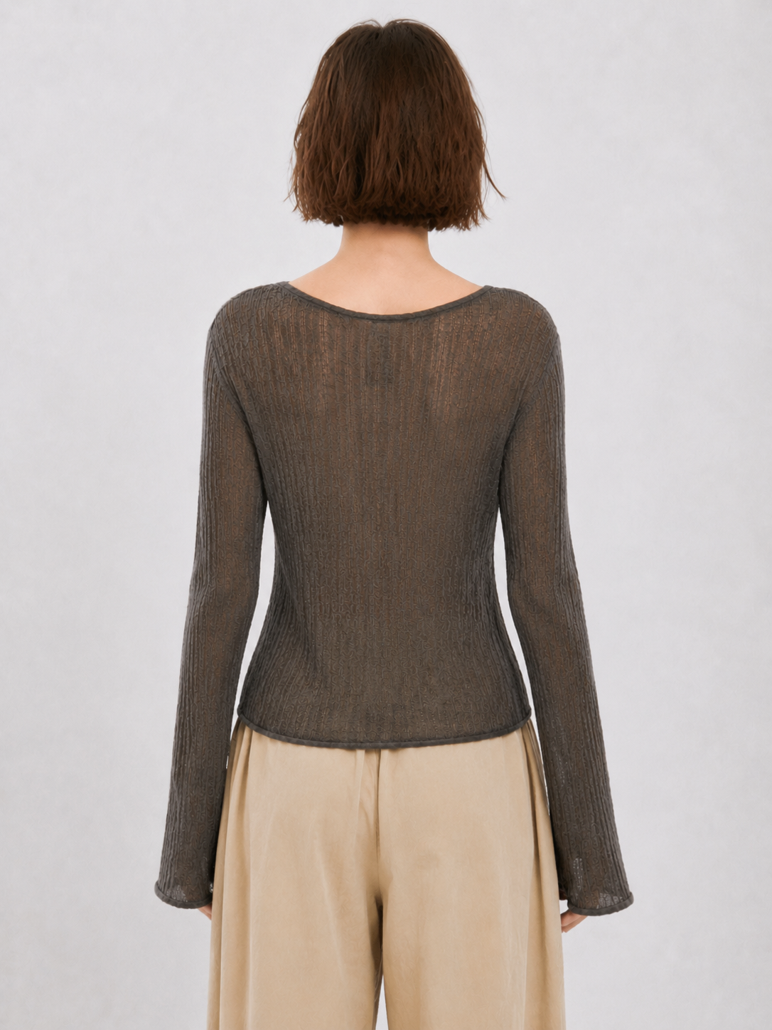 Women Drawstring Ruched Knit Top V Neck Flare Bell Sleeve Sheer Ribbed Sweater Slim Fit Pullover Charcoal Grey Crop Top