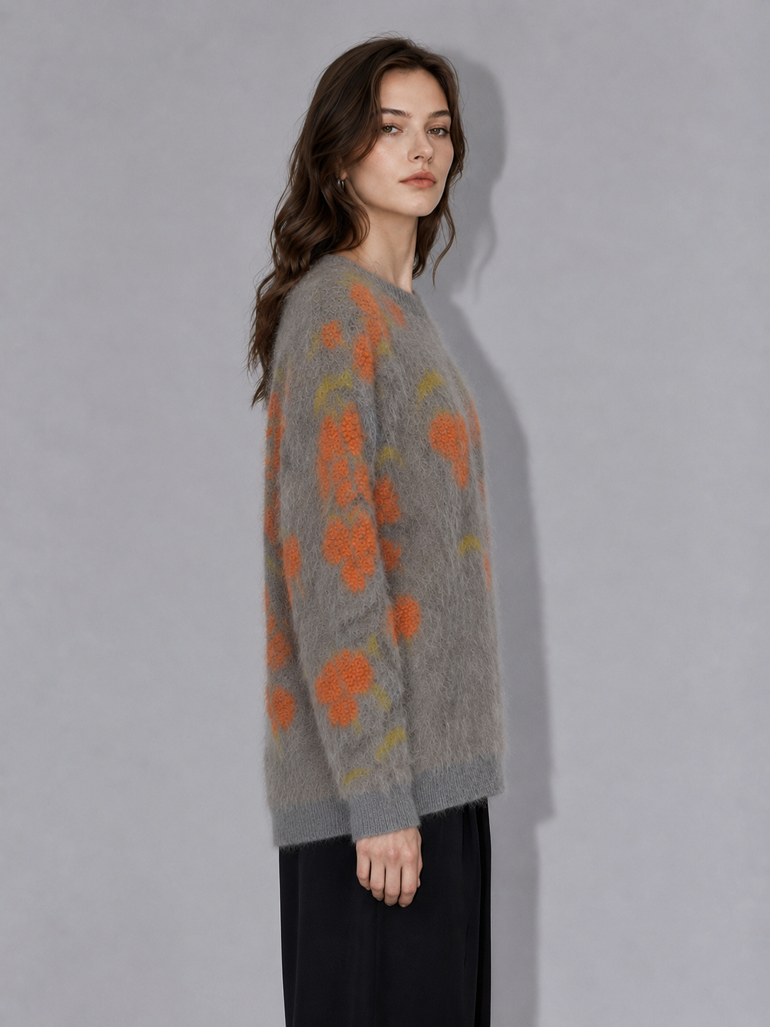 Women Crew Neck Flocking Floral Sweater Soft Knit Fabric Drop Shoulder Loose Retro Country Style Autumn Long Sleeve Pullover
