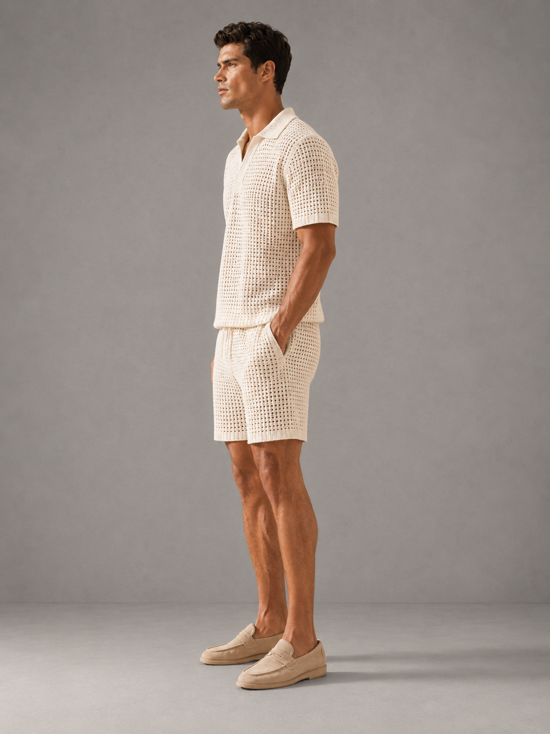 Men Knitwear Set Factory Custom Hollow Out Crochet Shirt Shorts Wholesale OEM ODM Low MOQ Supplier China