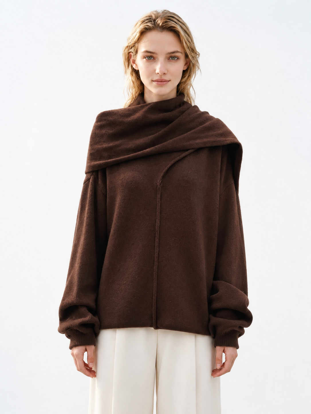 Dark Brown Women's Oversized Knit Sweater Asymmetric Draped Scarf Collar Long Sleeve Loose Pullover