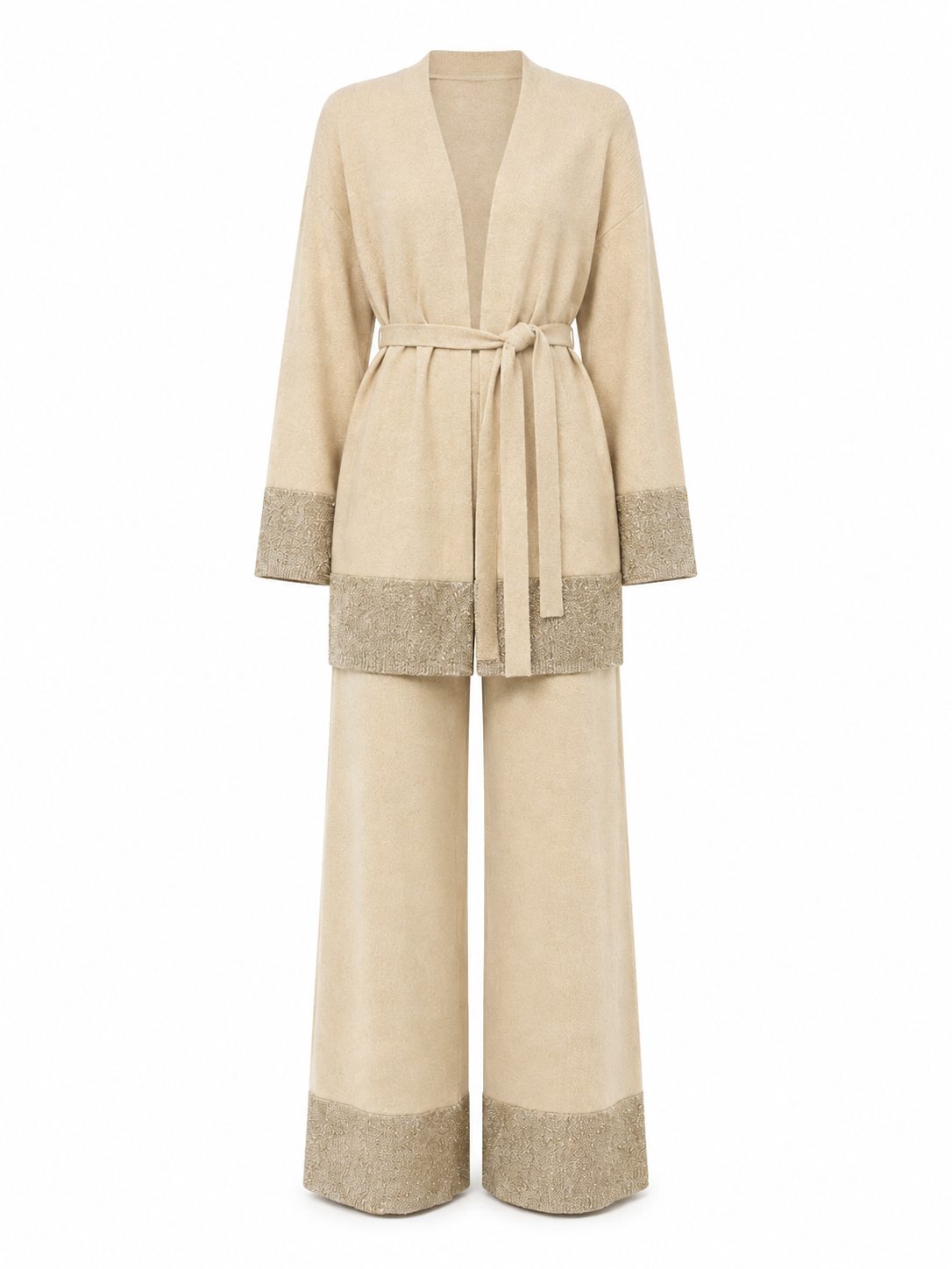 High-quality fashionable casual style solid-color knitted V-neck drawstring wool three-piece set (for ladies)