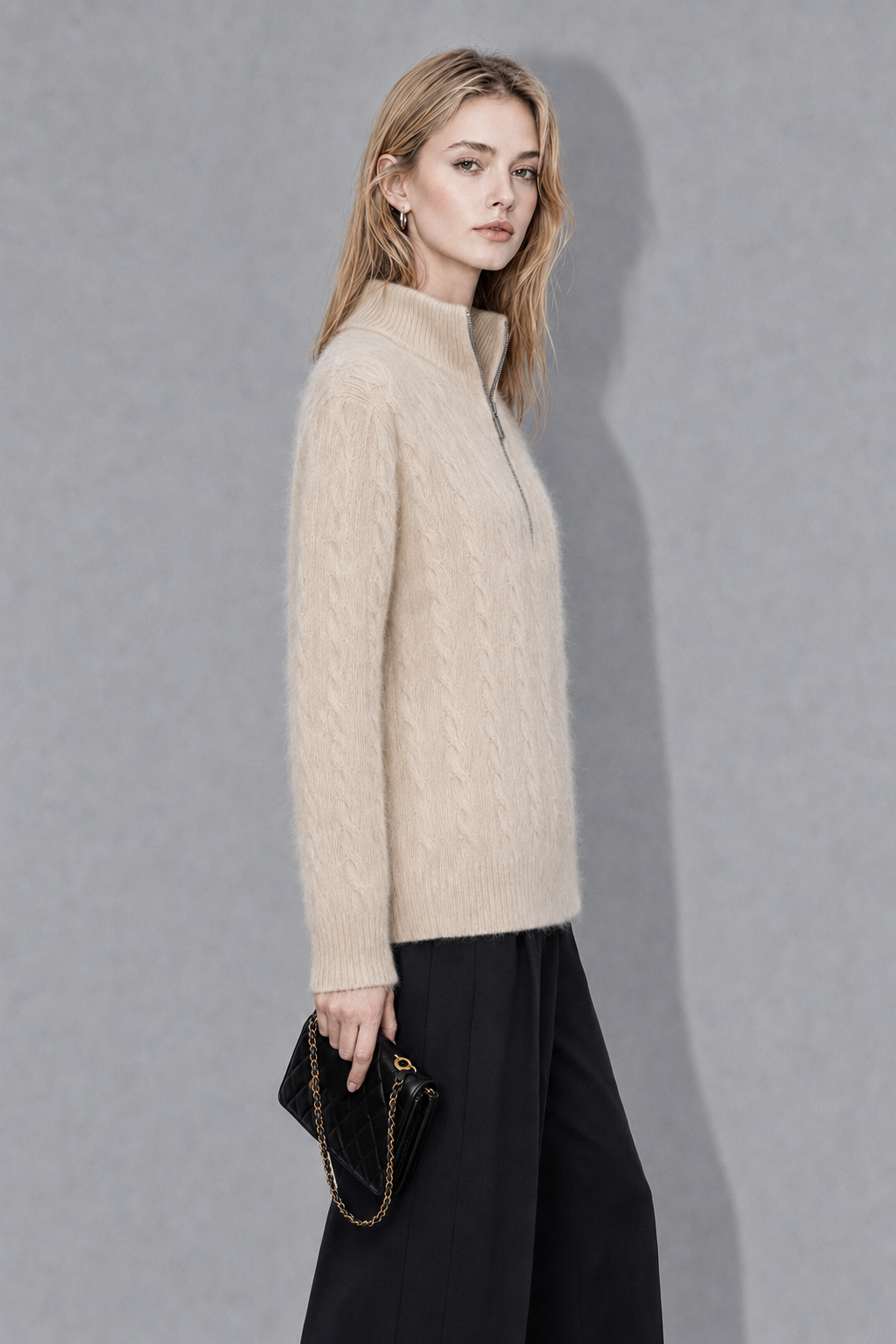 Customized high-end 1/4 zipper design, anti-wrinkle, breathable and warm cable knitted women's cardigan, 100% cashmere sweater