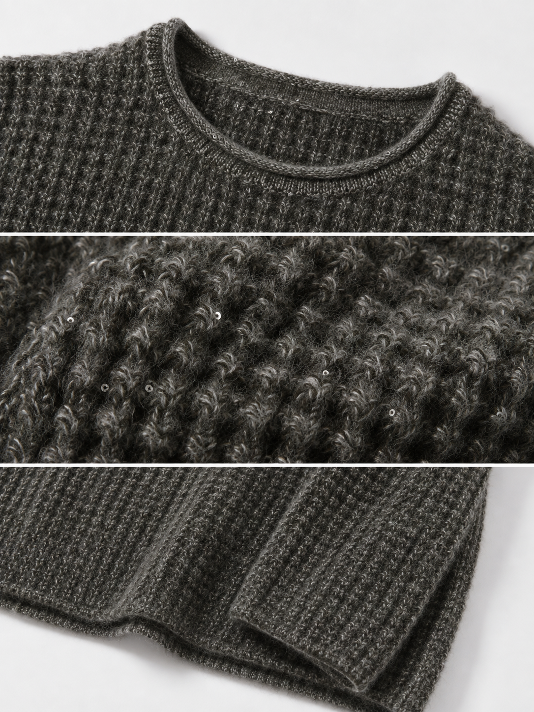 Waffle Knit Mohair Sweater Women Olive Green Textured Chunky Crew Neck Oversized Drop Shoulder Pullover Fuzzy Jumper