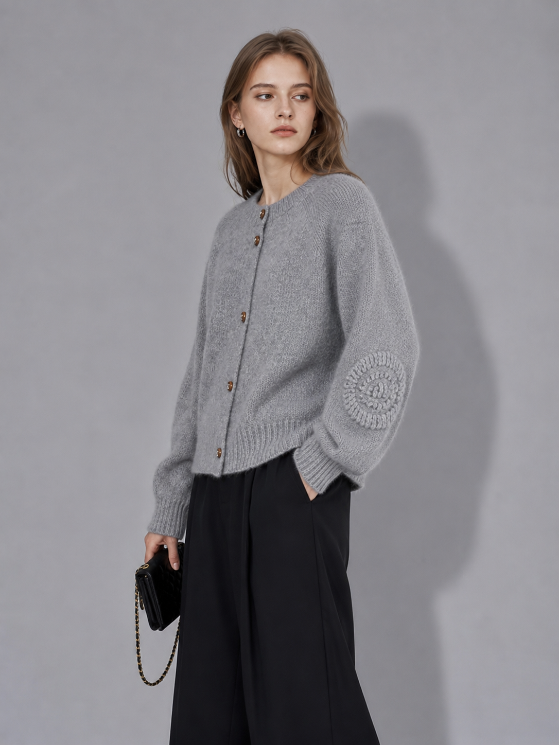Premium Wool Cardigan Sweater – Soft Grey Minimalist Knit Jacket with Vintage Button Detail