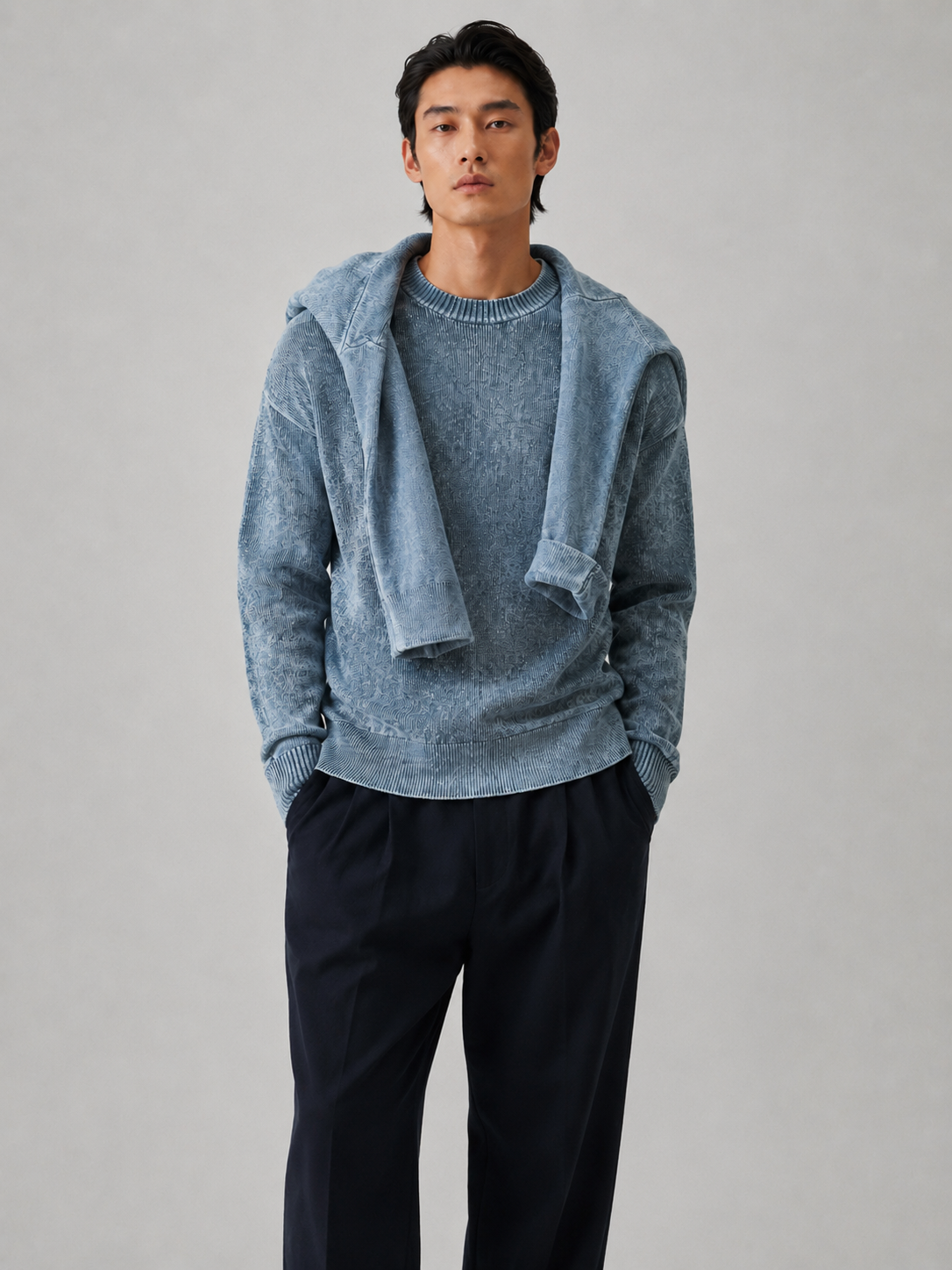 Men's Premium Blue Knit Sweater Oversized Fit Casual Luxury Pullover with Scarf Detail Soft Blend Winter Jumper
