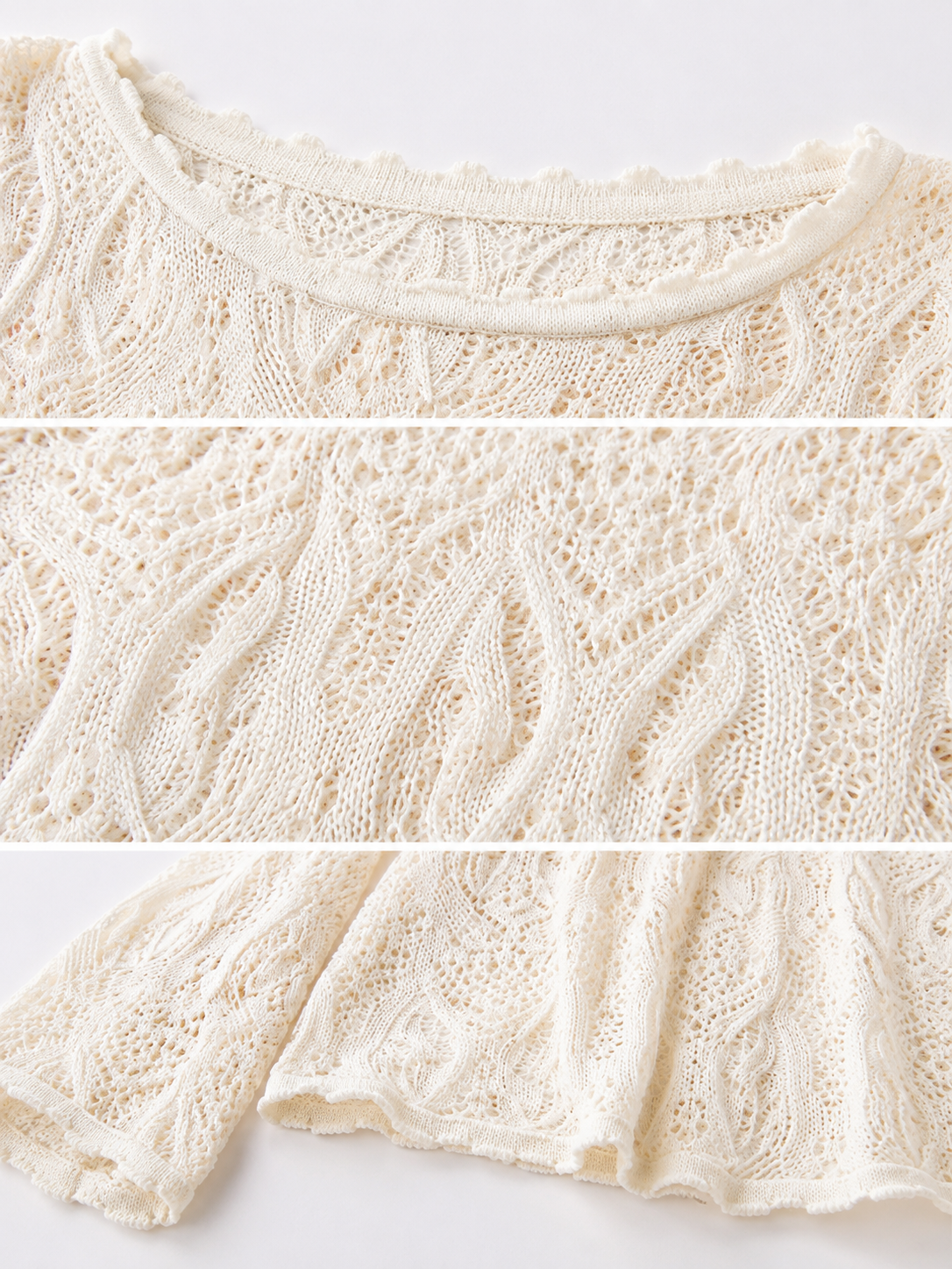 Women Pointelle Lace Knit Top Long Sleeve Sheer Crochet Pullover Round Neck Lightweight Openwork Sweater Ivory Layering Top