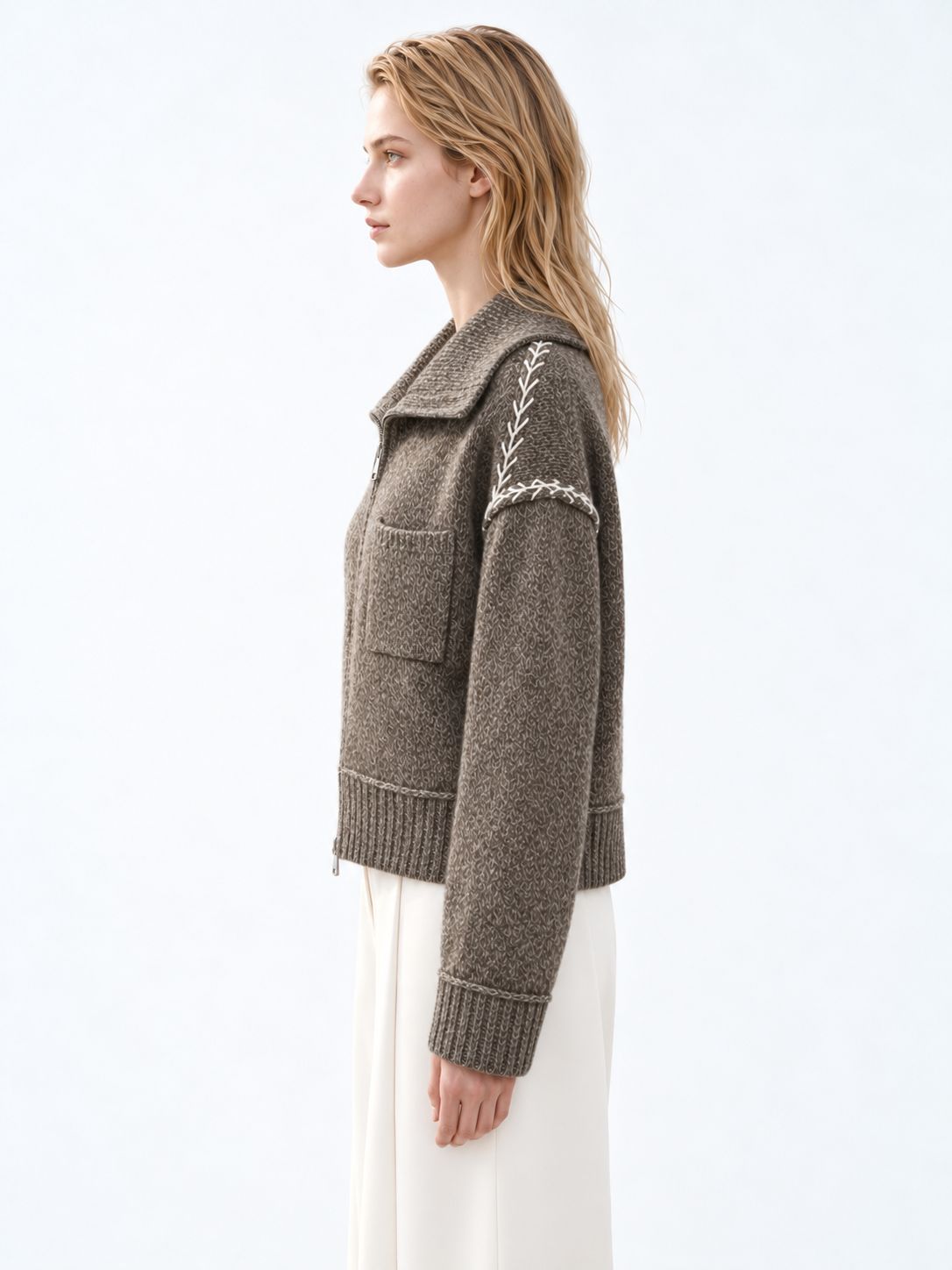 Women's Oversized Zip Up Knit Cardigan with Turn Down Collar Chest Pocket Long Sleeve Quiet Luxury Sweater Jacket