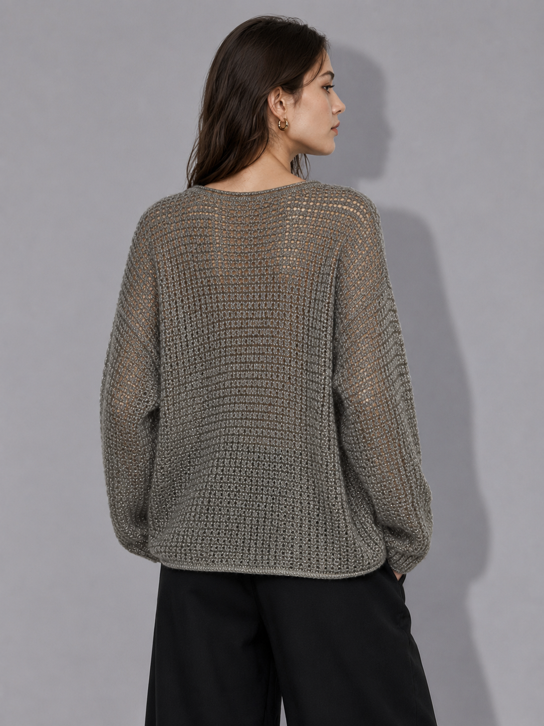 Luxury Wool Open Knit Sweater – Lightweight Grey Mesh Pullover with Relaxed Fit	