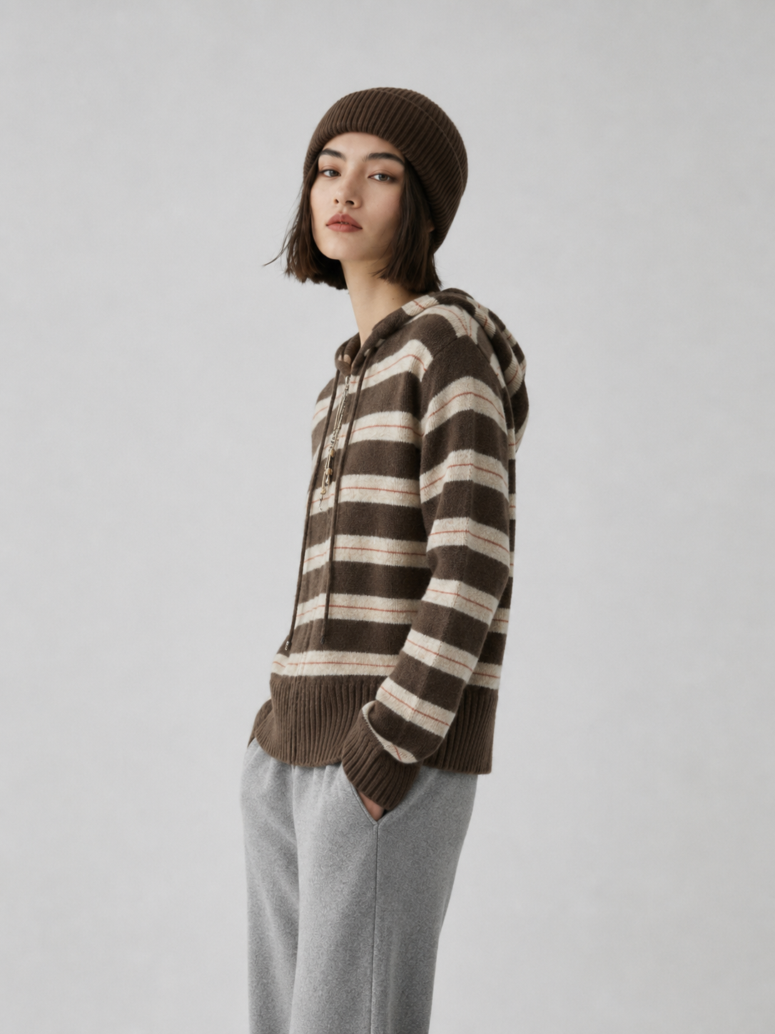 Luxury Wool Striped Hooded Cardigan Jacket – Vintage Zip Knit Sweater for Women