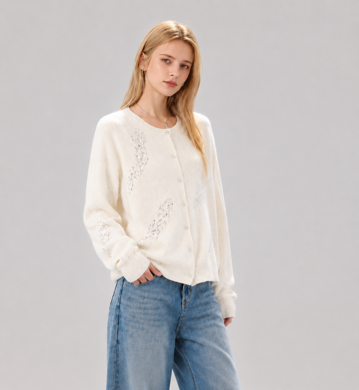 High-end cashmere cardigan with rhinestones, loose and oversized, casual women's sweater