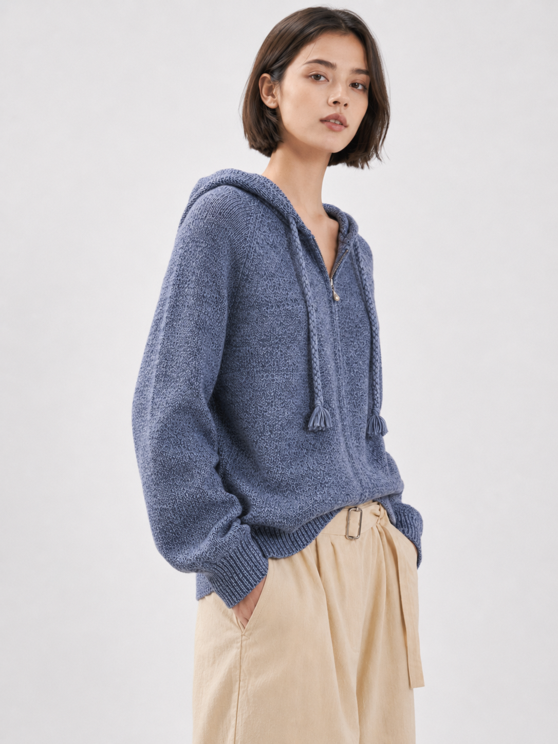 Soft Wool Hooded Knit Sweater – Minimalist Blue Pullover Hoodie for Women