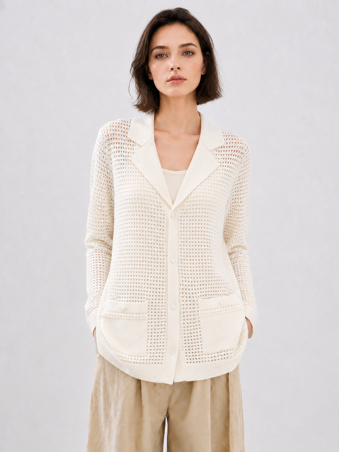 Womens Crochet Knit Cardigan Lapel Collar Button Front Mesh Hollow Out Cream Long Ladies Shirt Jacket Beach Cover Up