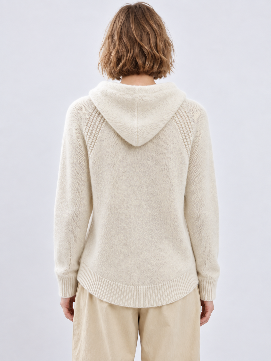 Women's Hooded Knit Sweater Long Sleeve Drawstring Pullover with Ribbed Raglan Detail Relaxed Fit Casual Jumper