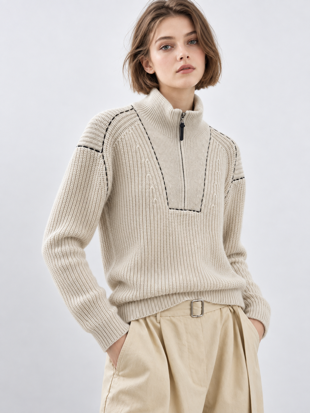 Women's Half Zip Ribbed Knit Sweater Mock Neck Long Sleeve Pullover with Contrast Stitching Relaxed Fit Jumper