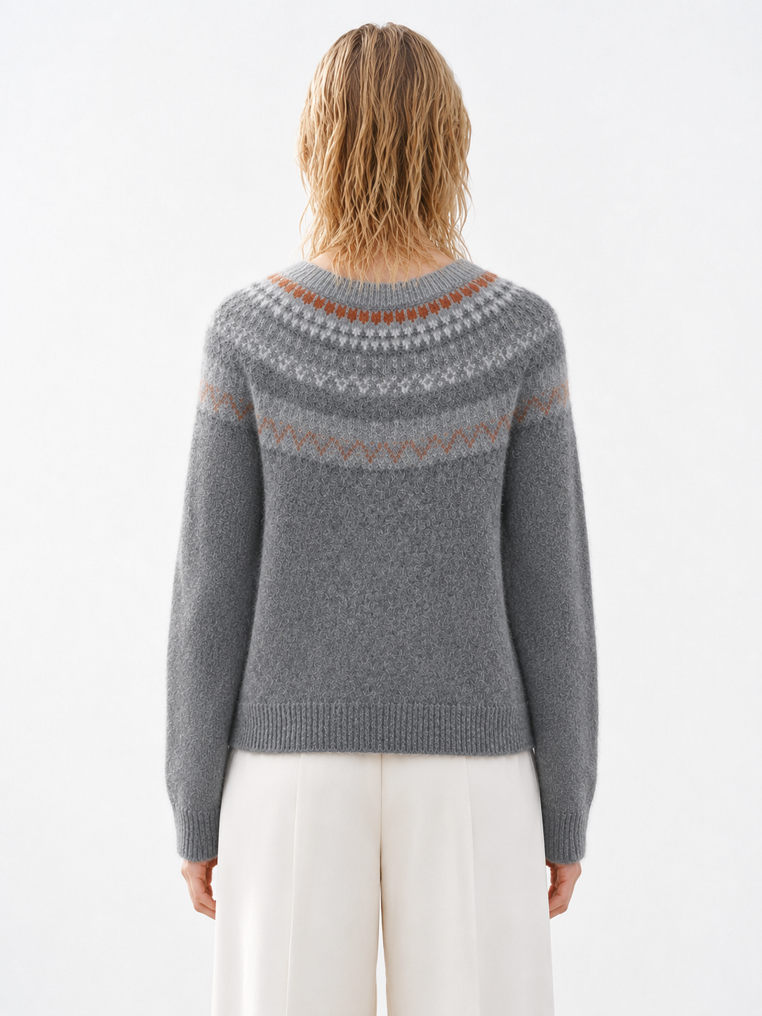Women Fair Isle Sweater Nordic Jacquard Yoke Knit Pullover Ladies Crew Neck Fuzzy Jumper Grey Winter Knitwear