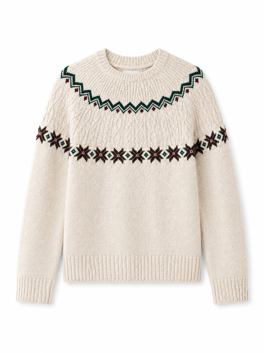 Women Fair Isle Sweater Beige Diamond Jacquard Cable Knit Yoke Pullover Ladies Crew Neck Oatmeal Jumper Winter Knitwear