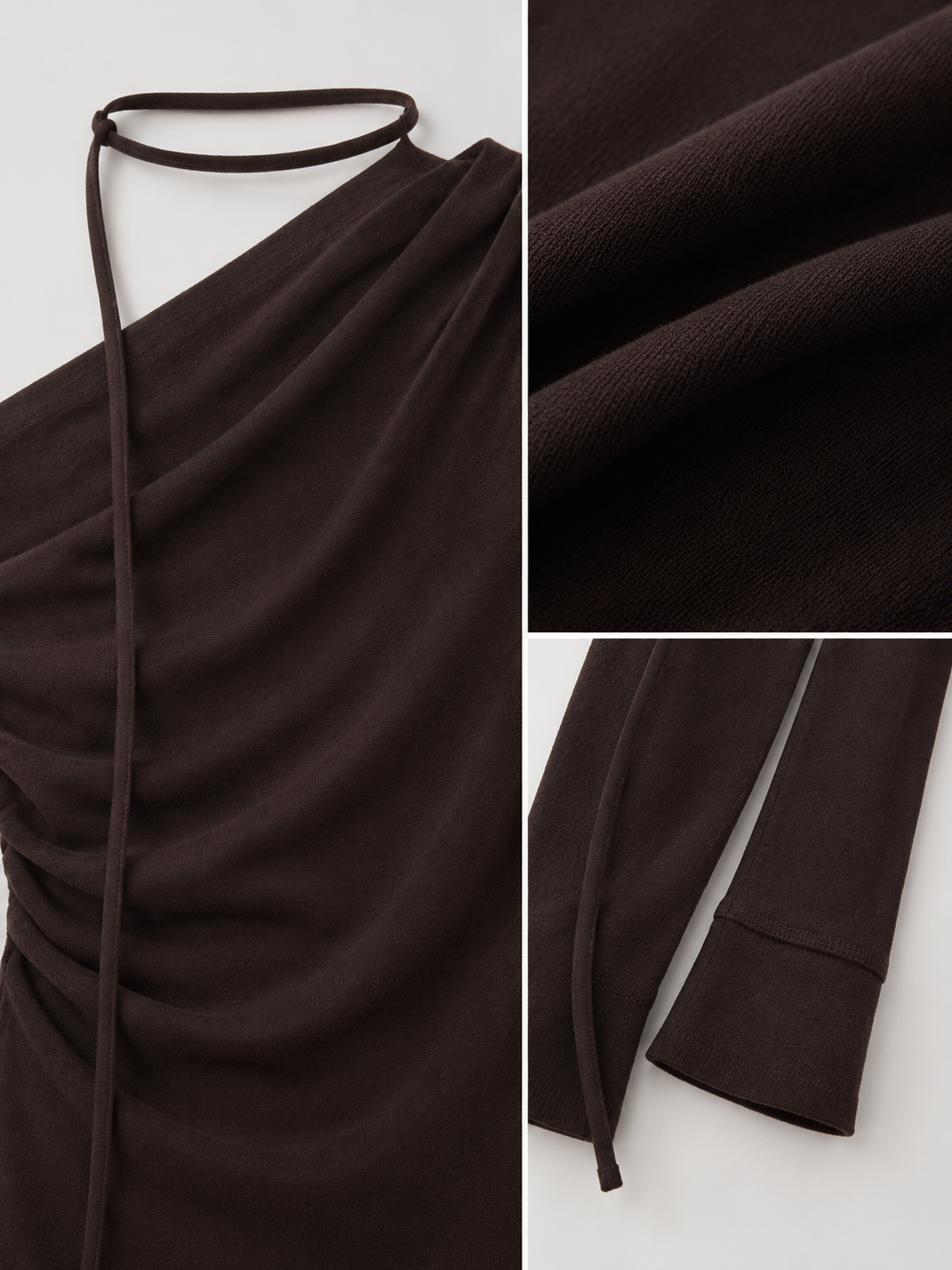 Women Asymmetric One Shoulder Long Sleeve Top Ruched Slim Fit Draped Blouse with Tie Strap for Autumn Fashion