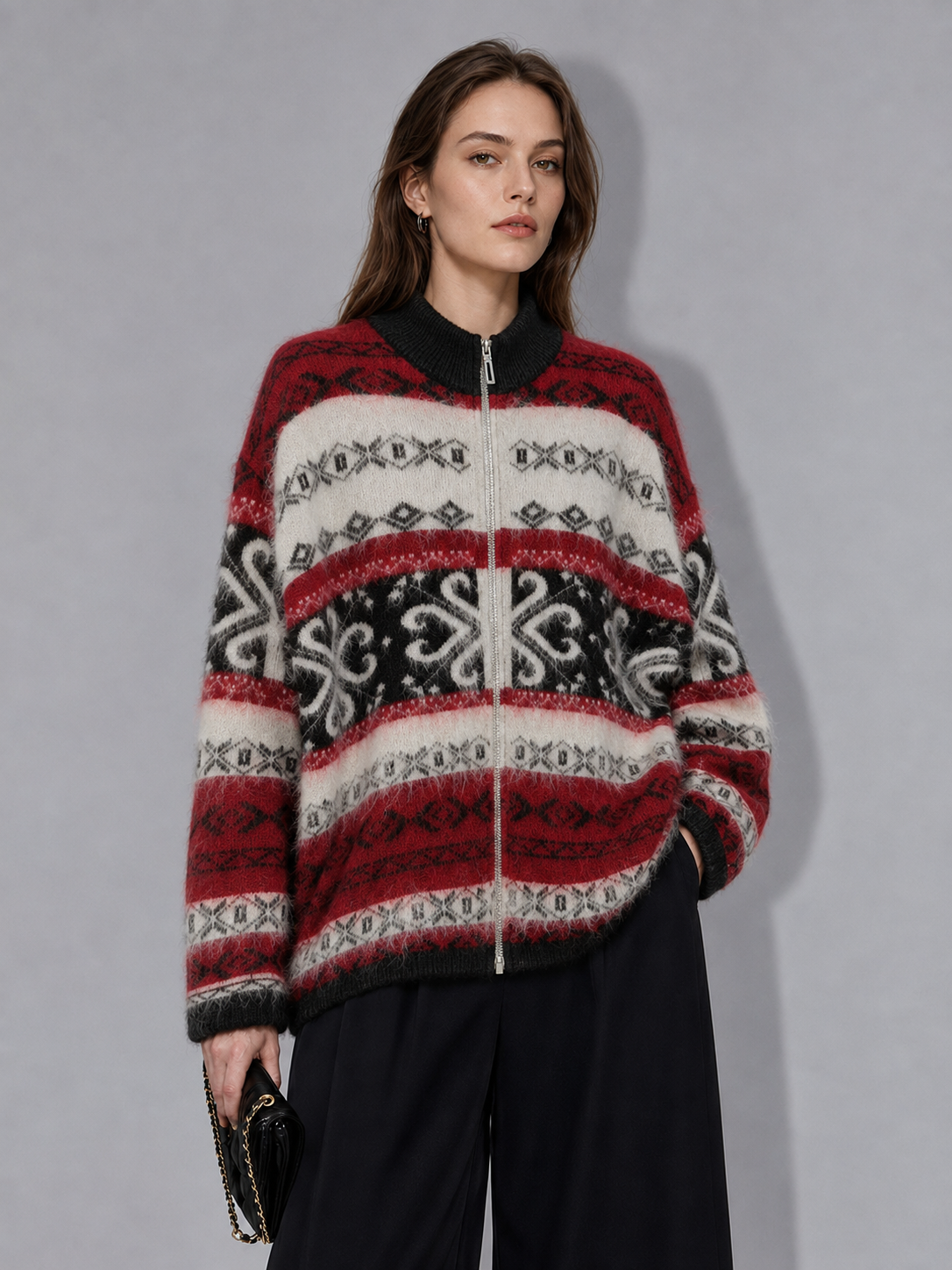 OEM jacquard zipper plush collar cashmere wool women's button down sweater of high-end quality