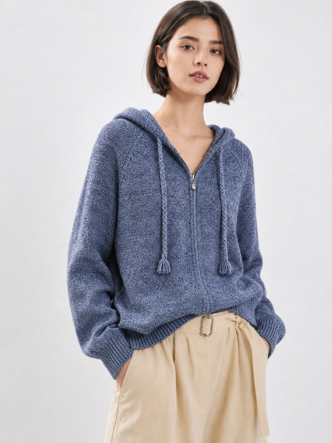 Soft Wool Hooded Knit Sweater – Minimalist Blue Pullover Hoodie for Women