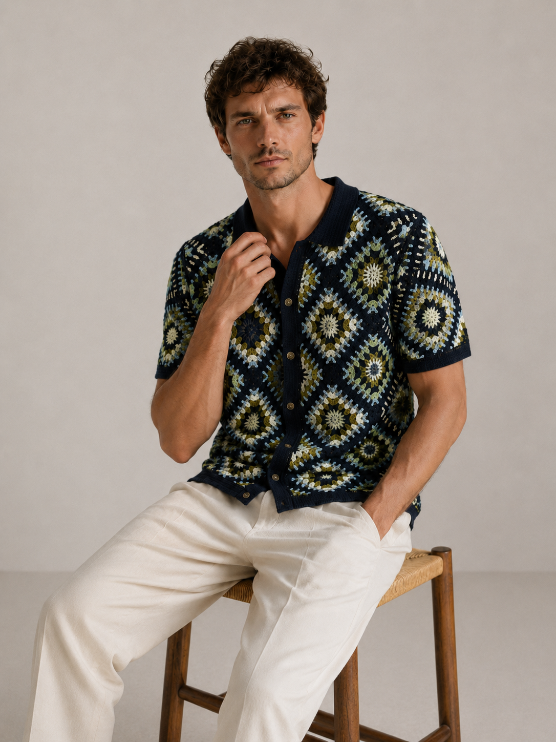 Summer Casual Short-sleeved Knit Cardigan for Men Color Blocking, Openwork Crochet Cardigan POLO