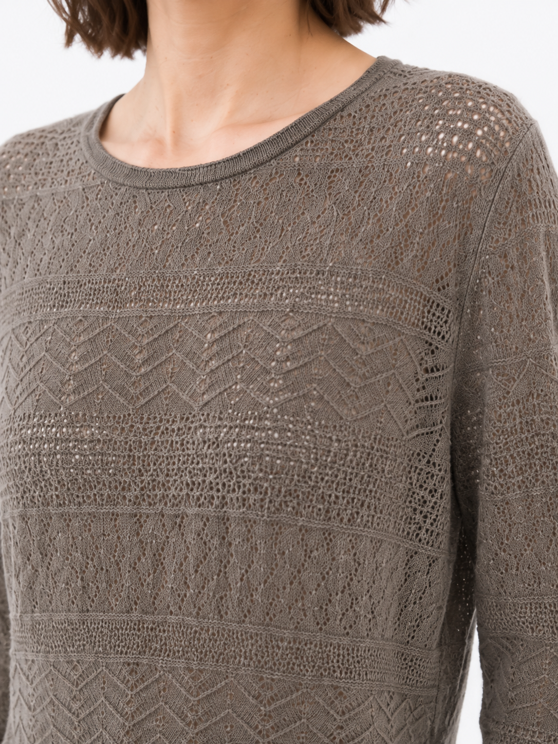 Womens Crew Neck Pointelle Knit Sweater Loose Pullover Taupe Lightweight Openwork Ladies Jumper Spring Autumn Knitwear