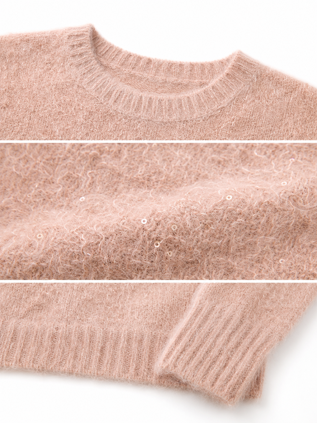 Women Wool Sweater Crew Neck Fuzzy Knit Pullover Sequin Glitter Jumper Pink Soft Knitwear for Autumn Winter Party