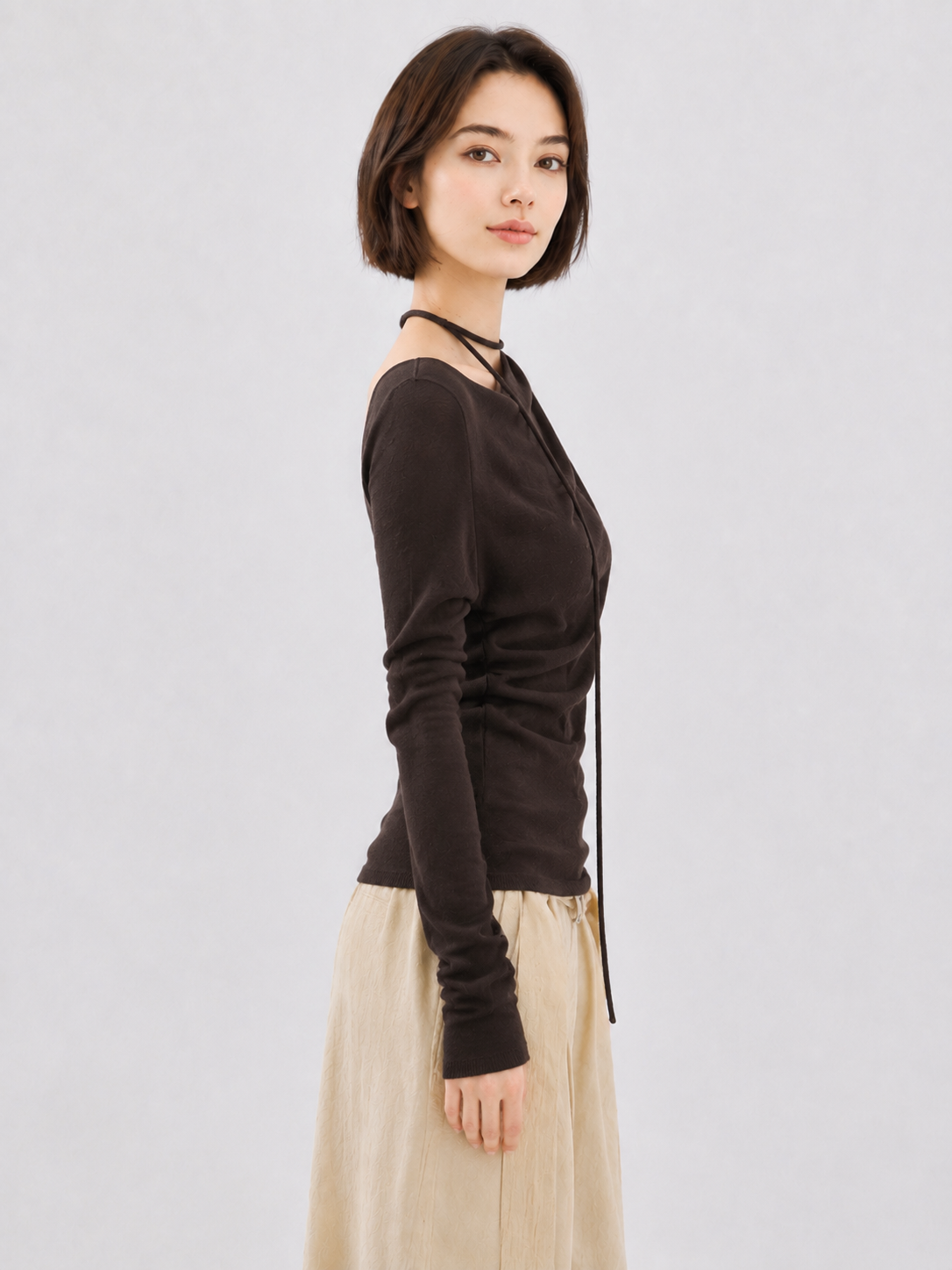 Women Asymmetric One Shoulder Long Sleeve Top Ruched Slim Fit Draped Blouse with Tie Strap for Autumn Fashion