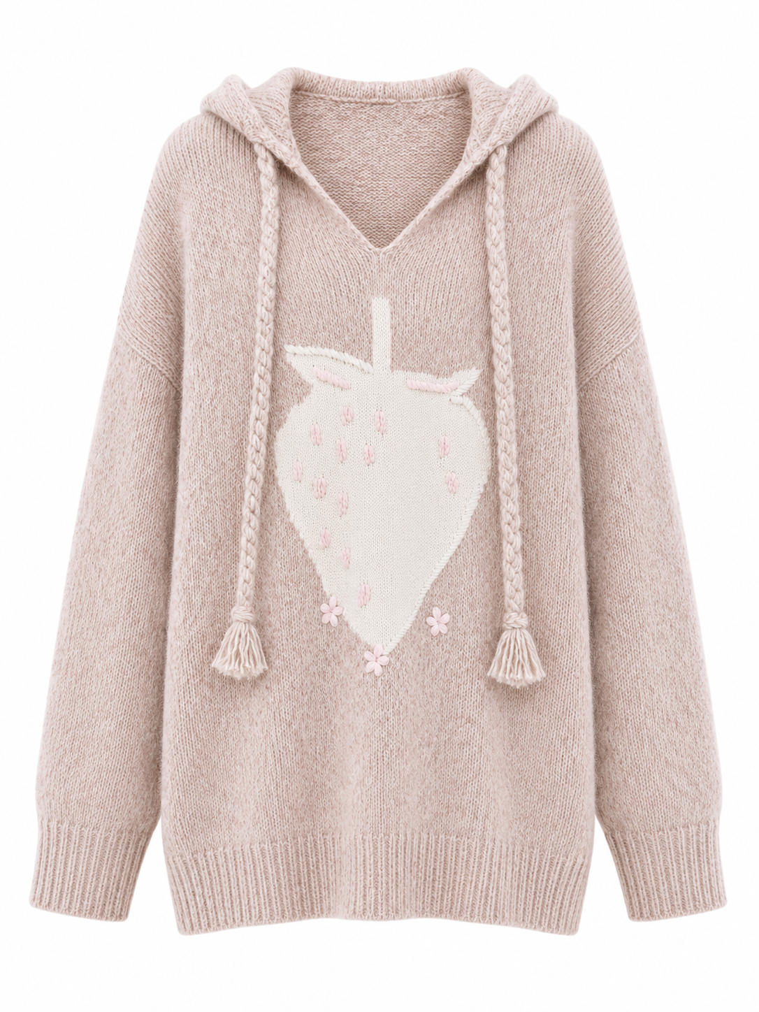 Cute Wool Hooded Sweater with Strawberry Embroidery – Soft Pink Knit Pullover for Women