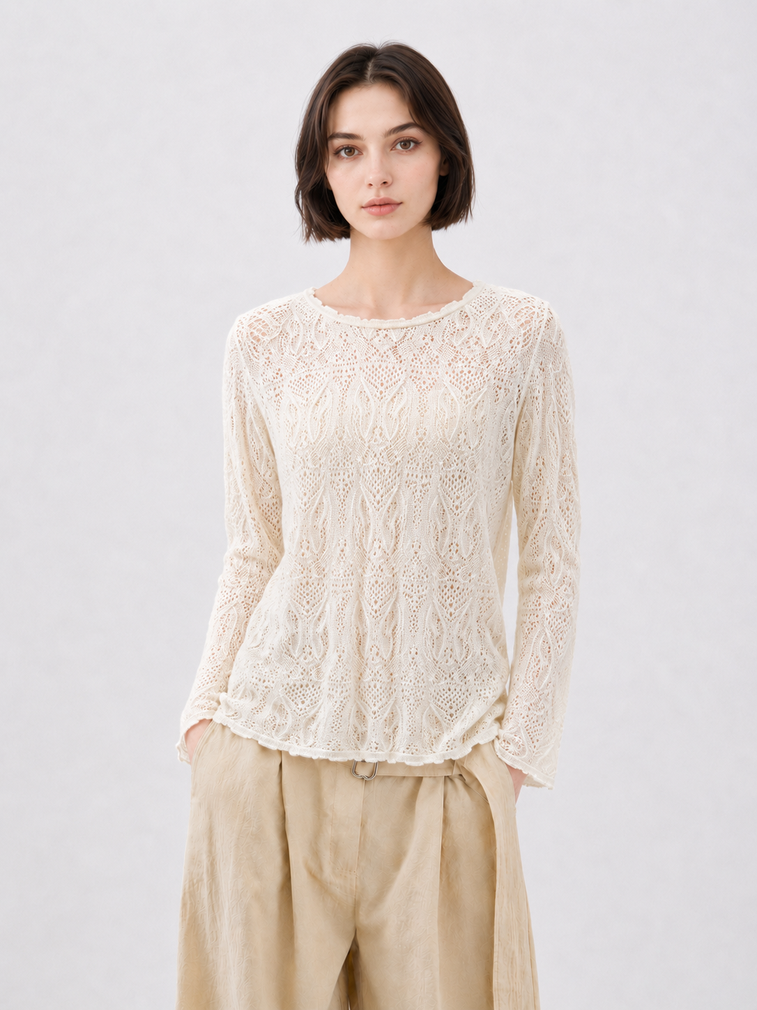 Women Pointelle Lace Knit Top Long Sleeve Sheer Crochet Pullover Round Neck Lightweight Openwork Sweater Ivory Layering Top