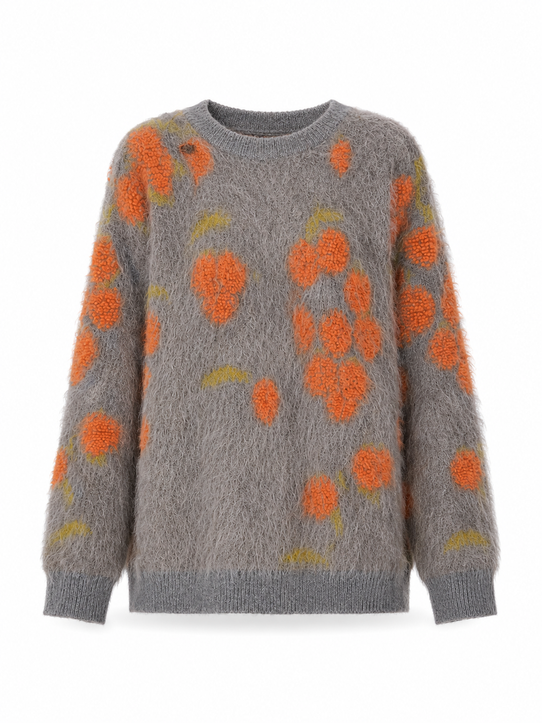 Women Crew Neck Flocking Floral Sweater Soft Knit Fabric Drop Shoulder Loose Retro Country Style Autumn Long Sleeve Pullover