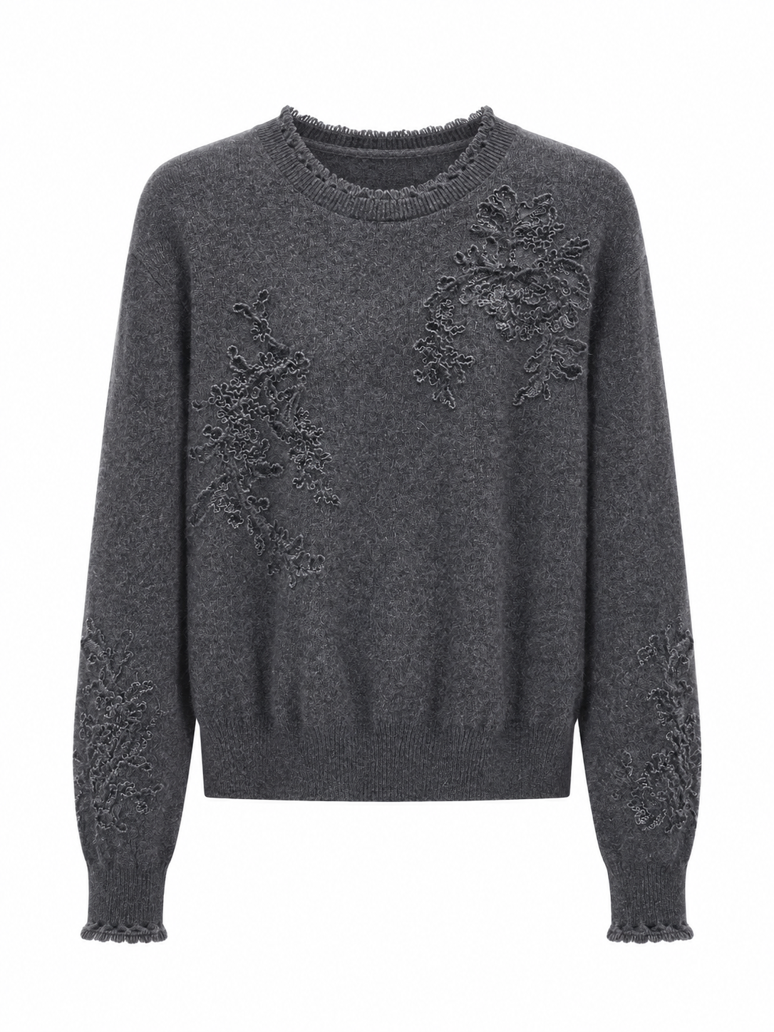 Custom OEM ODM Crewneck Cashmere Sweater Women Floral Embroidery Neckline Soft Premium Cashmere Knit Jumper