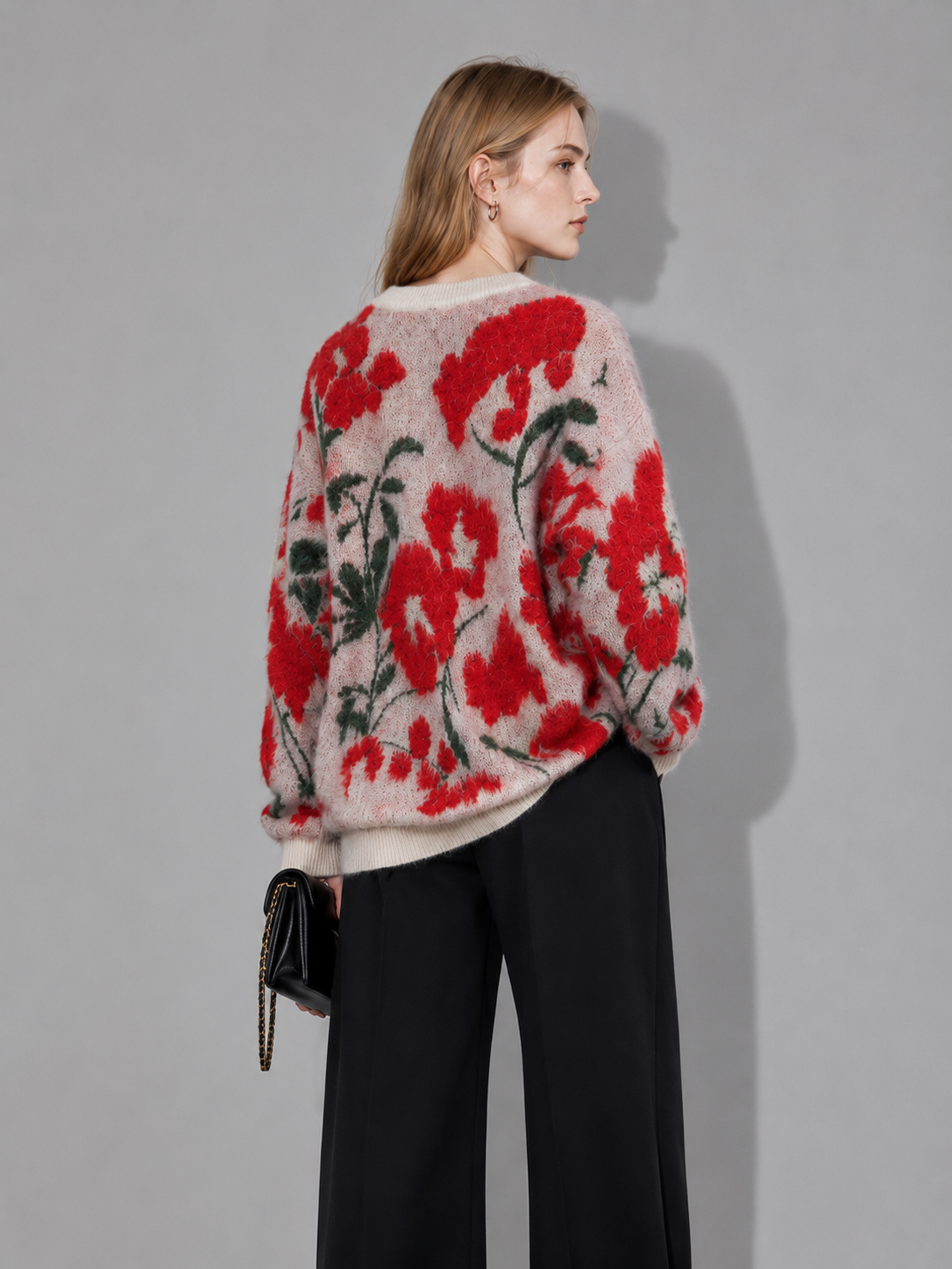Custom Knitwear Manufacturer Print Pattern Floral Sweater Women Knitted Pullover Crew Neck Winter Knit Women Sweater