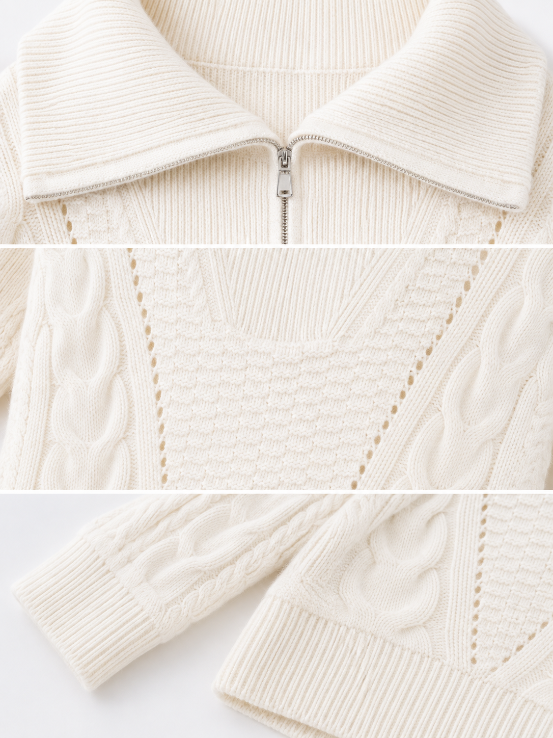 Women Half Zip Cable Knit Sweater Oversized Lapel Collar Pullover Drop Shoulder Chunky Twist Jumper Ivory Casual Knitwear