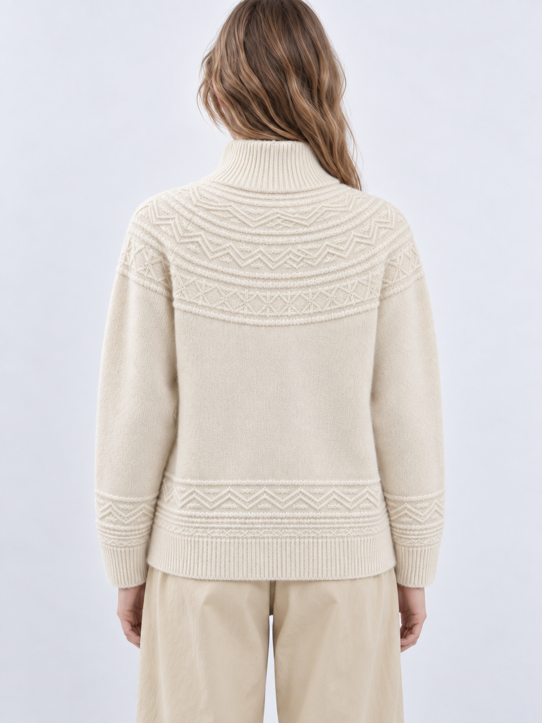 Women's Mock Neck Button Up Knit Cardigan Long Sleeve Textured Sweater Jacket with Geometric Pattern and Ribbed Trim