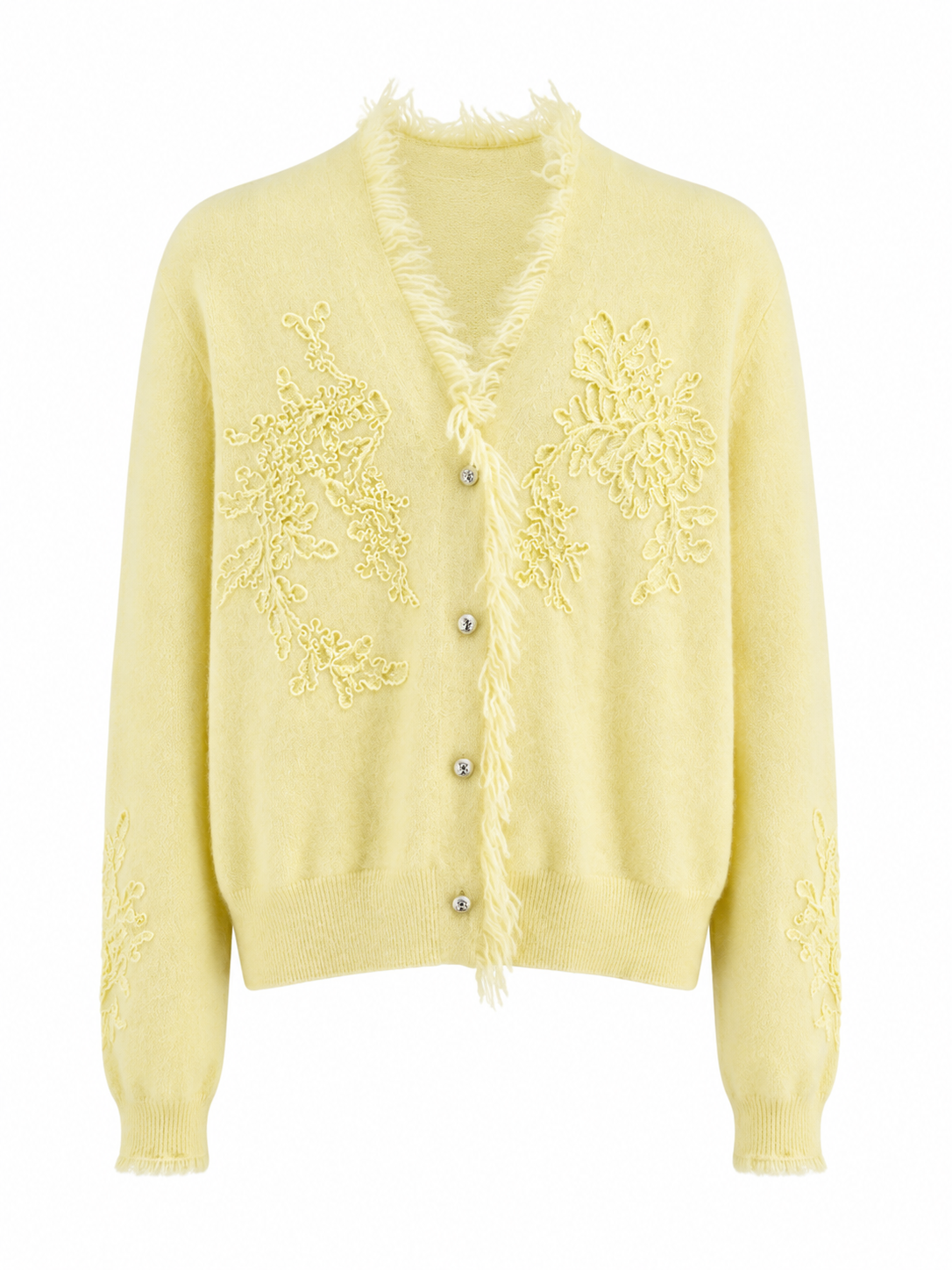 Women Knit Cardigan V Neck Button Up Floral Lace Applique Sweater Feather Fringe Trim Beige Soft Knitwear for Autumn