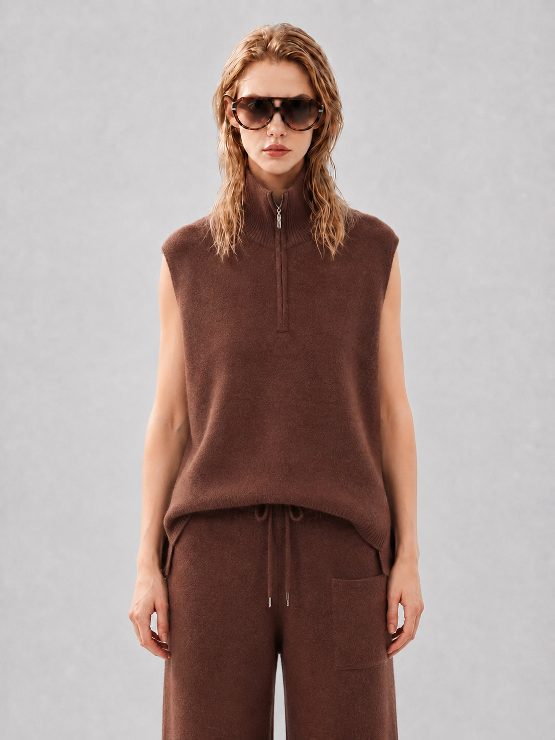 Women Knit Two Piece Set Half Zip Mock Neck Sleeveless Vest and Drawstring Wide Leg Pants Brown Lounge Outfit