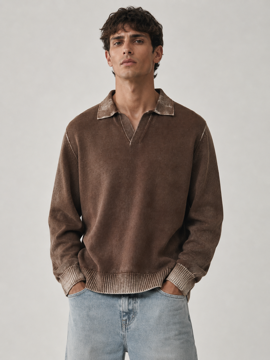 Men's Luxury Brown Polo Neck Knit Sweater Oversized Fit Casual Pullover Vintage Style Winter Jumper