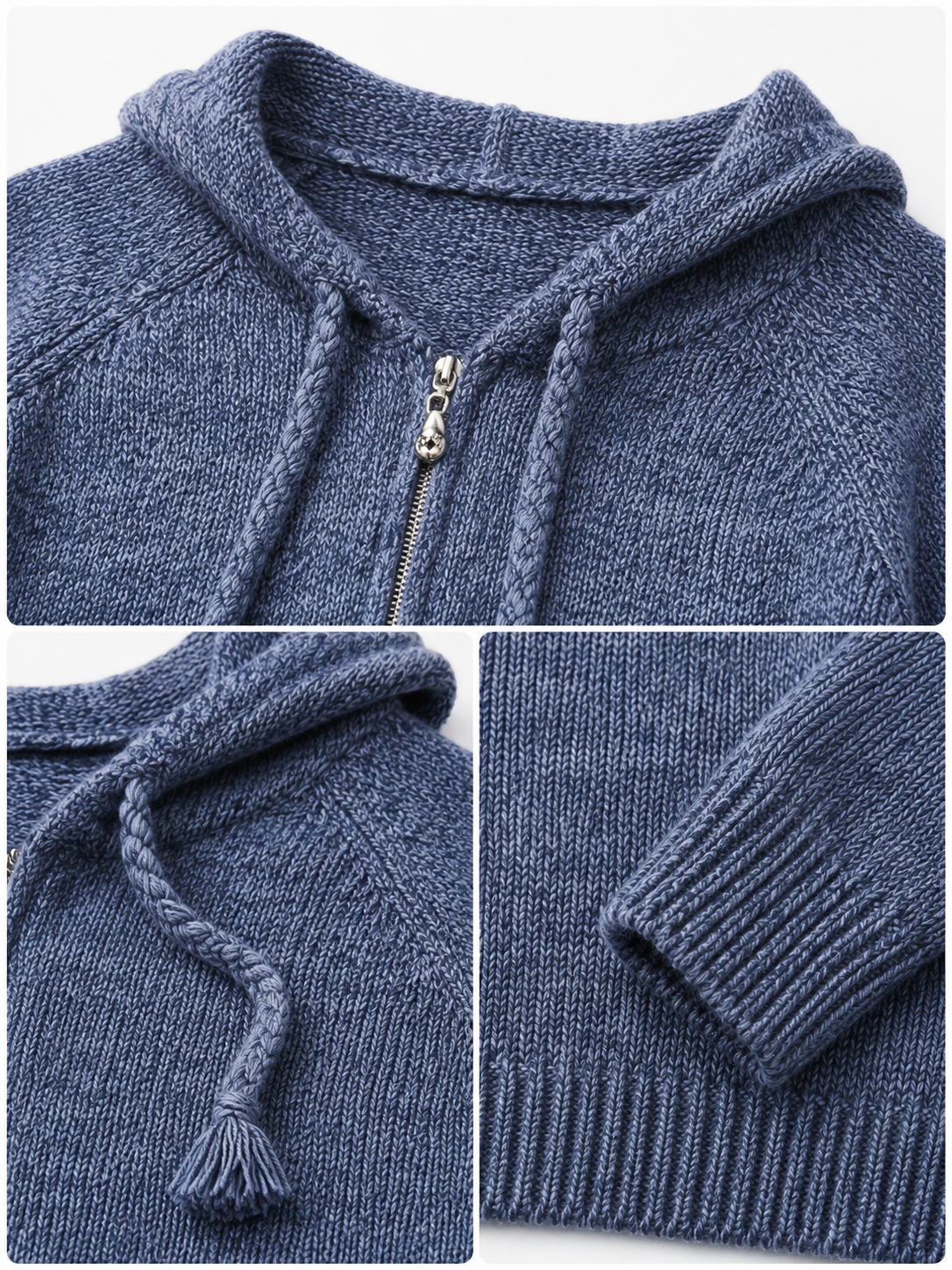 Soft Wool Hooded Knit Sweater – Minimalist Blue Pullover Hoodie for Women