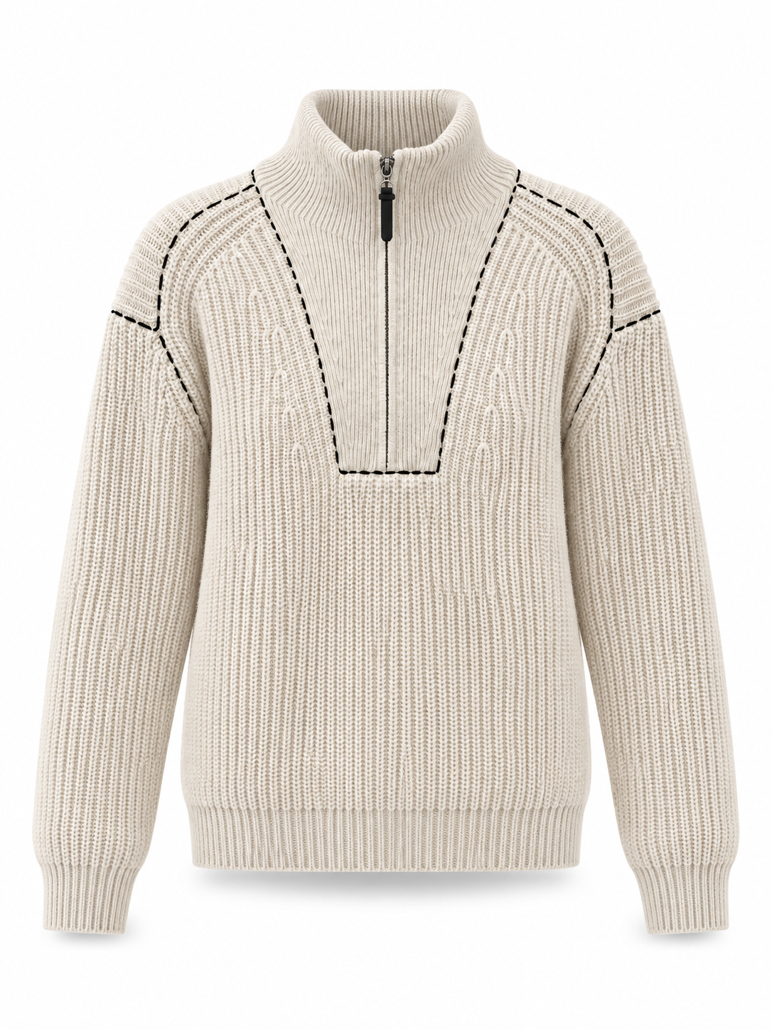 Women's Half Zip Ribbed Knit Sweater Mock Neck Long Sleeve Pullover with Contrast Stitching Relaxed Fit Jumper