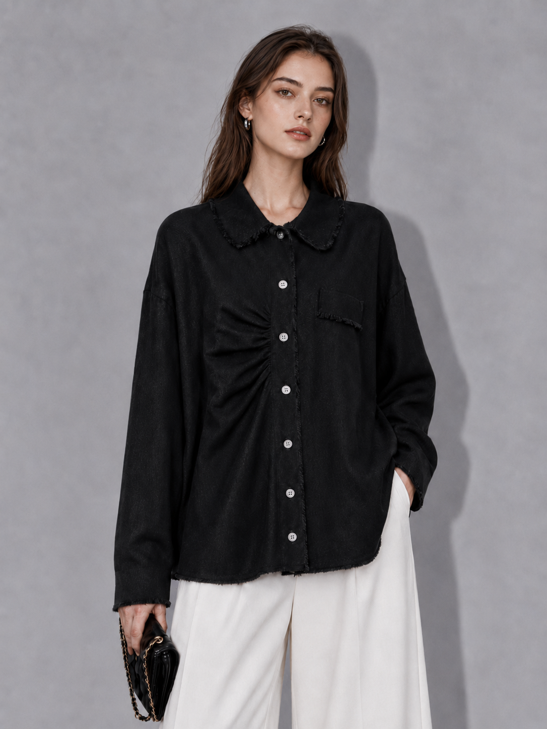 Luxury Wool Blend Overshirt Jacket – Minimalist Black Knit Cardigan Shirt with Vintage Collar	