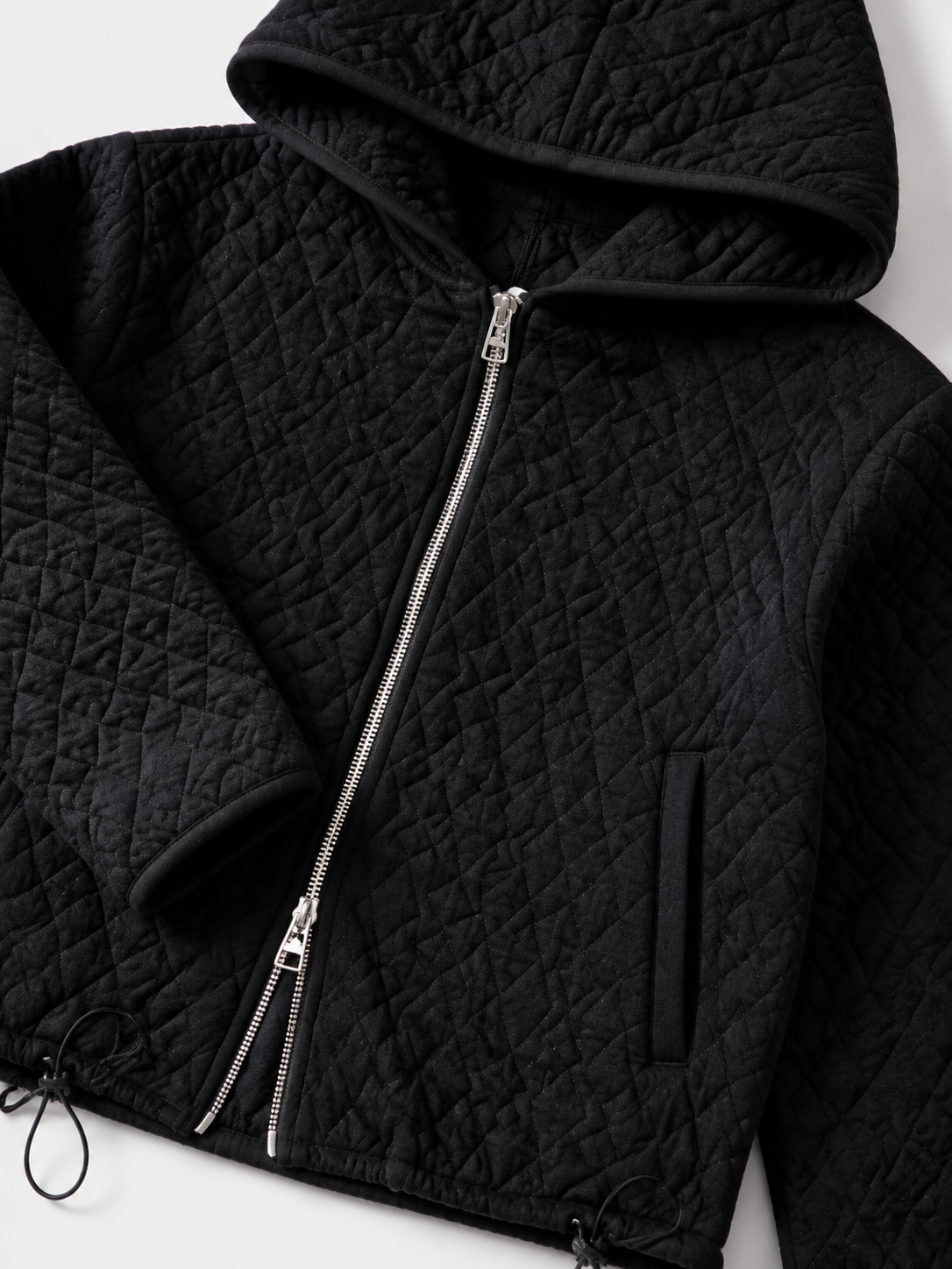 Women Quilted Hooded Jacket Zip Up Long Sleeve Lightweight Padded Hoodie Black Drawstring Short Coat for Autumn Winter