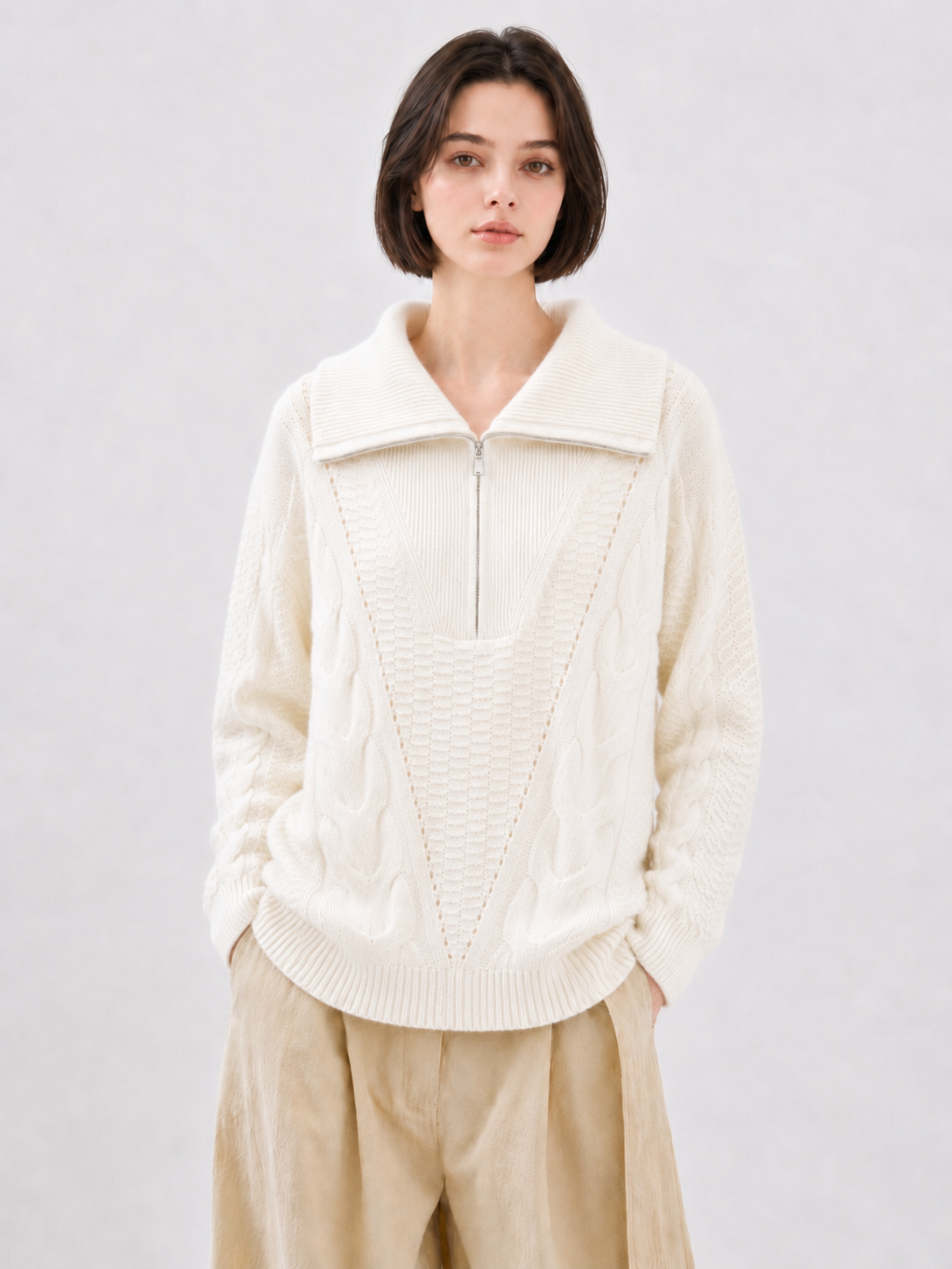 Women Half Zip Cable Knit Sweater Oversized Lapel Collar Pullover Drop Shoulder Chunky Twist Jumper Ivory Casual Knitwear