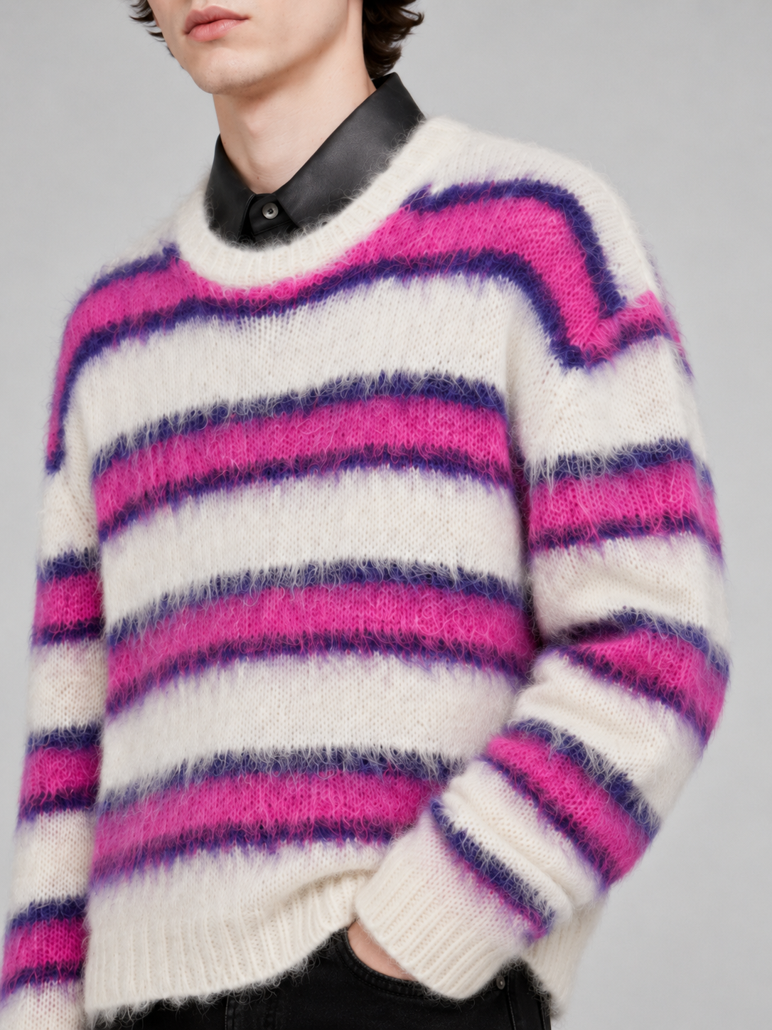 Men's Customizable Breathable Knitted Pullover Mohair Sweater Autumn Winter Warm Multi-Color Splicing Can Add Logo