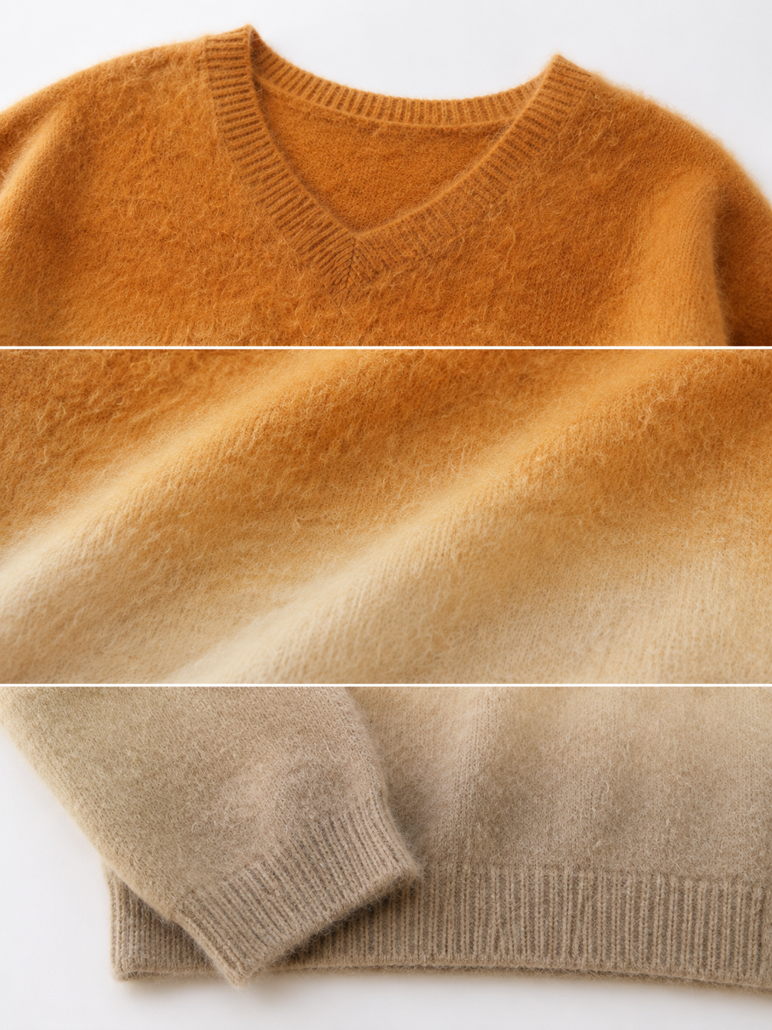 Ombre Gradient Mohair Sweater Women Caramel Fuzzy Knit V Neck Oversized Dip Dye Pullover Fluffy Jumper Drop Shoulder